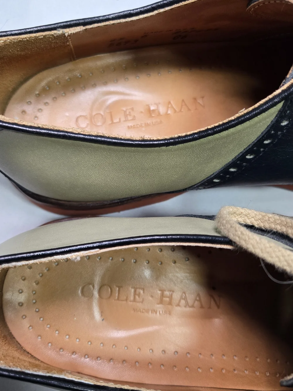 Vintage COLE HAAN Leather Saddle Oxfords Olive Khaki/Navy Mens 6.5 Wide Preppy